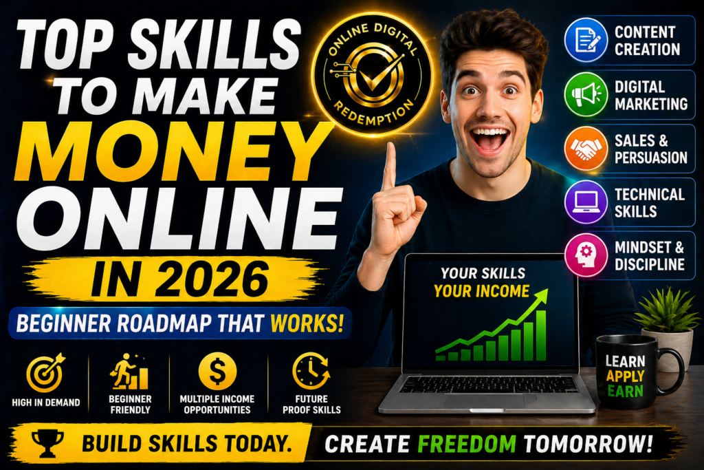 skills to make money online showing digital marketing content creation and income growth