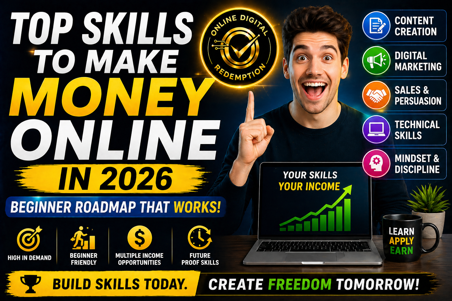skills to make money online showing digital marketing content creation and income growth